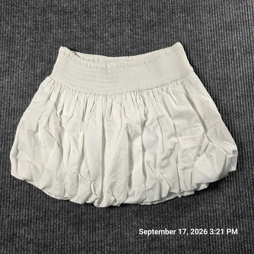 Torn by Ronny Kobo White Cotton Smocked Bubble Hem Mini Skirt Small